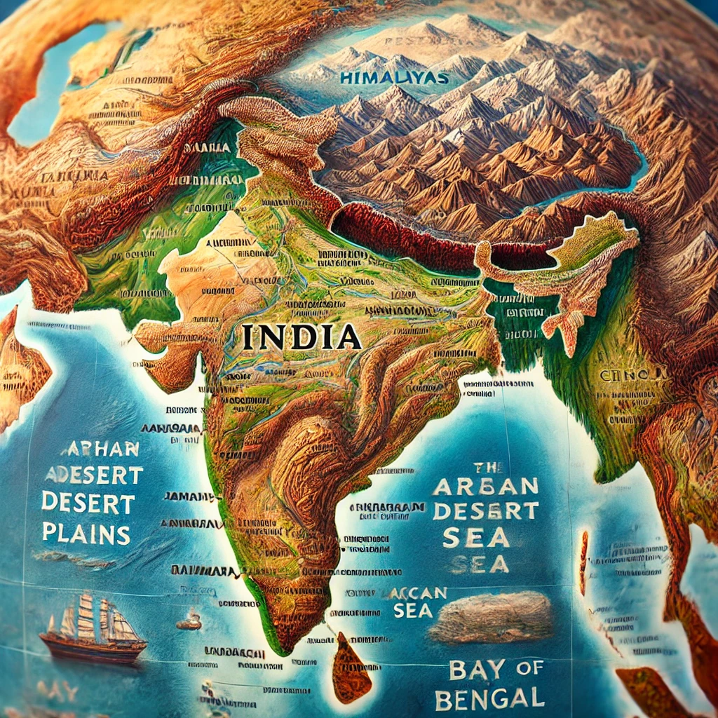 DALL·E 2025 02 14 20.01.53 A geographical map of present day India highlighting its diverse landscapes including the Himalayas in the north the Thar Desert in the west the f