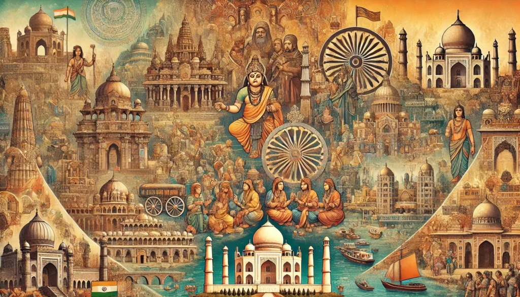 DALL·E 2025 02 14 20.01.56 An artistic representation of Indias great civilizations cultures and dynasties. The image showcases key historical periods including the Indus Va