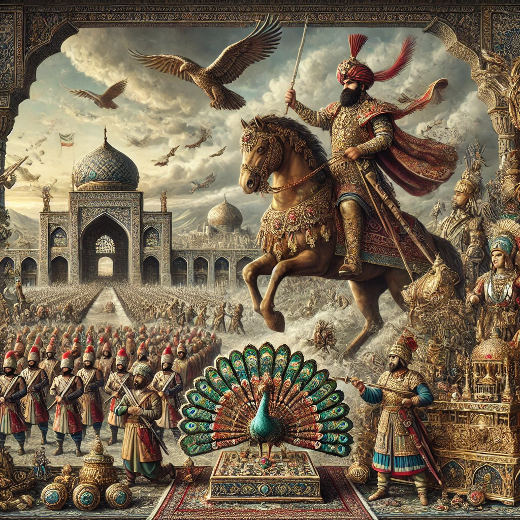 A detailed artistic depiction of the legacy of Nadir Shah the Persian ruler and military strategist of the 18th century. The image features a grand b