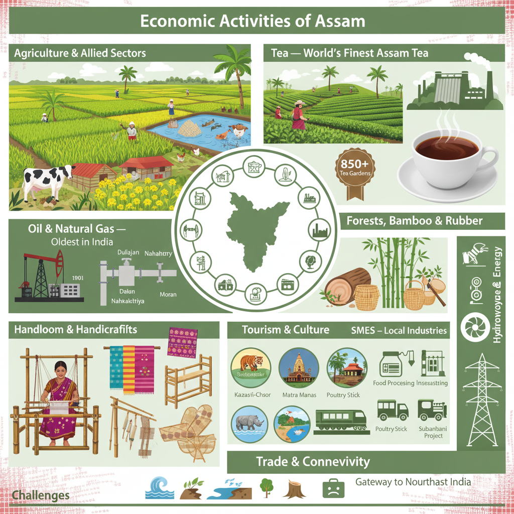Economic Activities of Assam Agriculture, Tea, Oil, Forests & Tourism