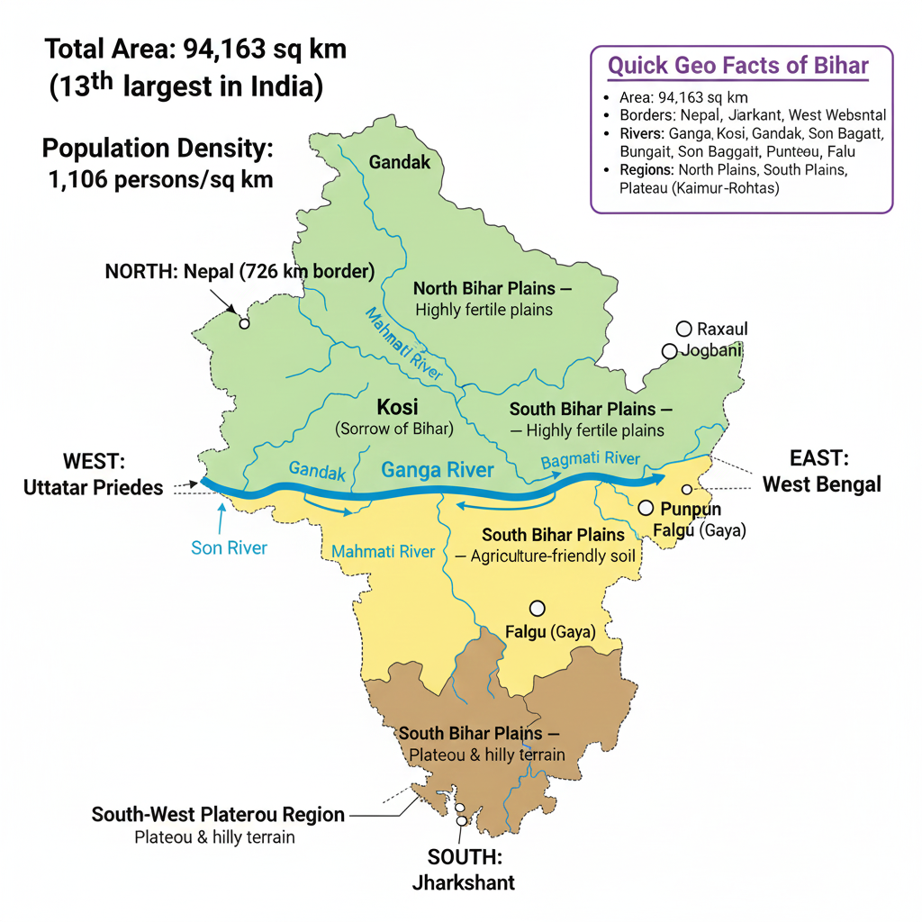 Geographical Map of Bihar Area, Regions, Borders & Rivers