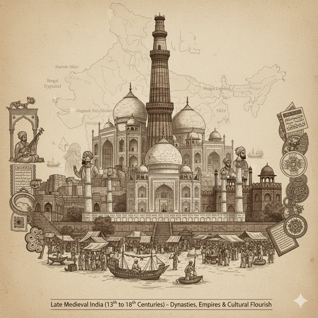 Late Medieval India (13th to 18th Centuries) – Power, Architecture, Culture & Transition