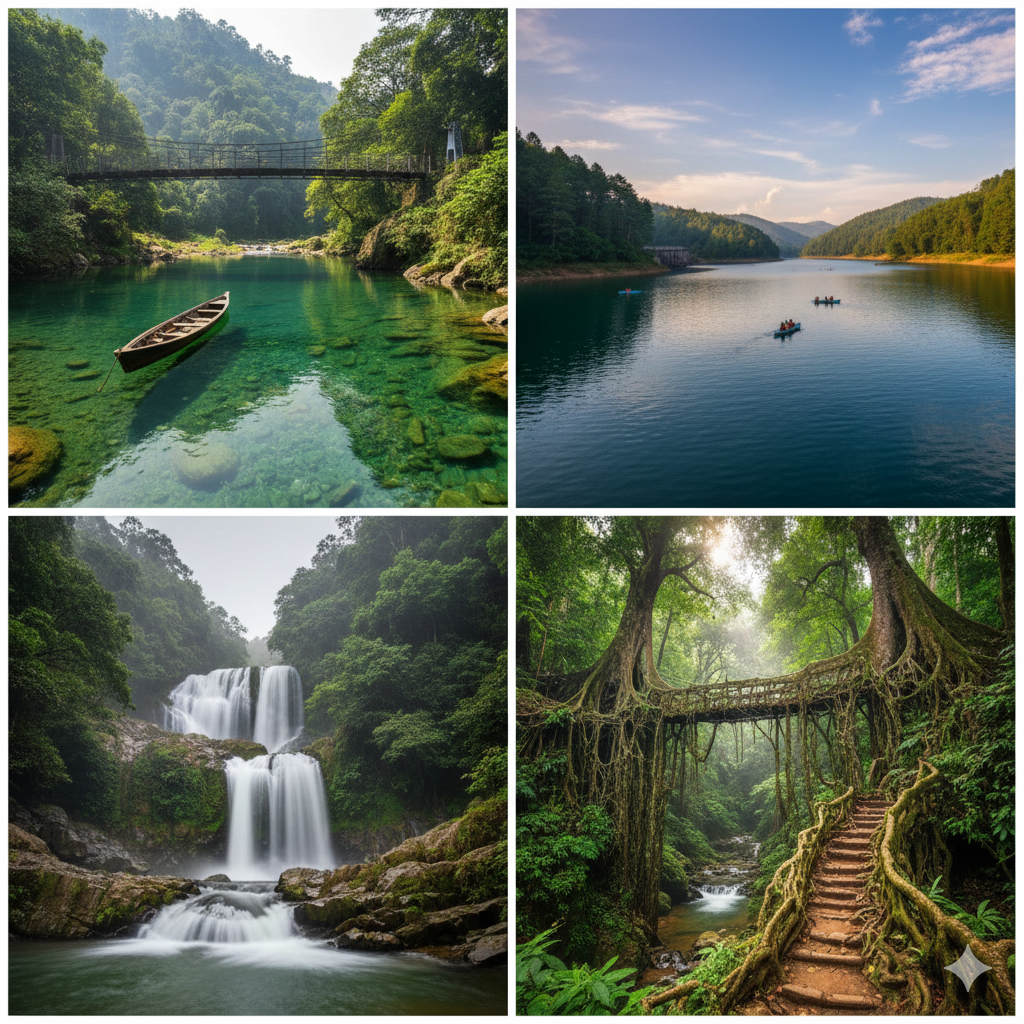 Meghalaya's Iconic Landscapes River, Lake, Waterfall, and Root Bridge