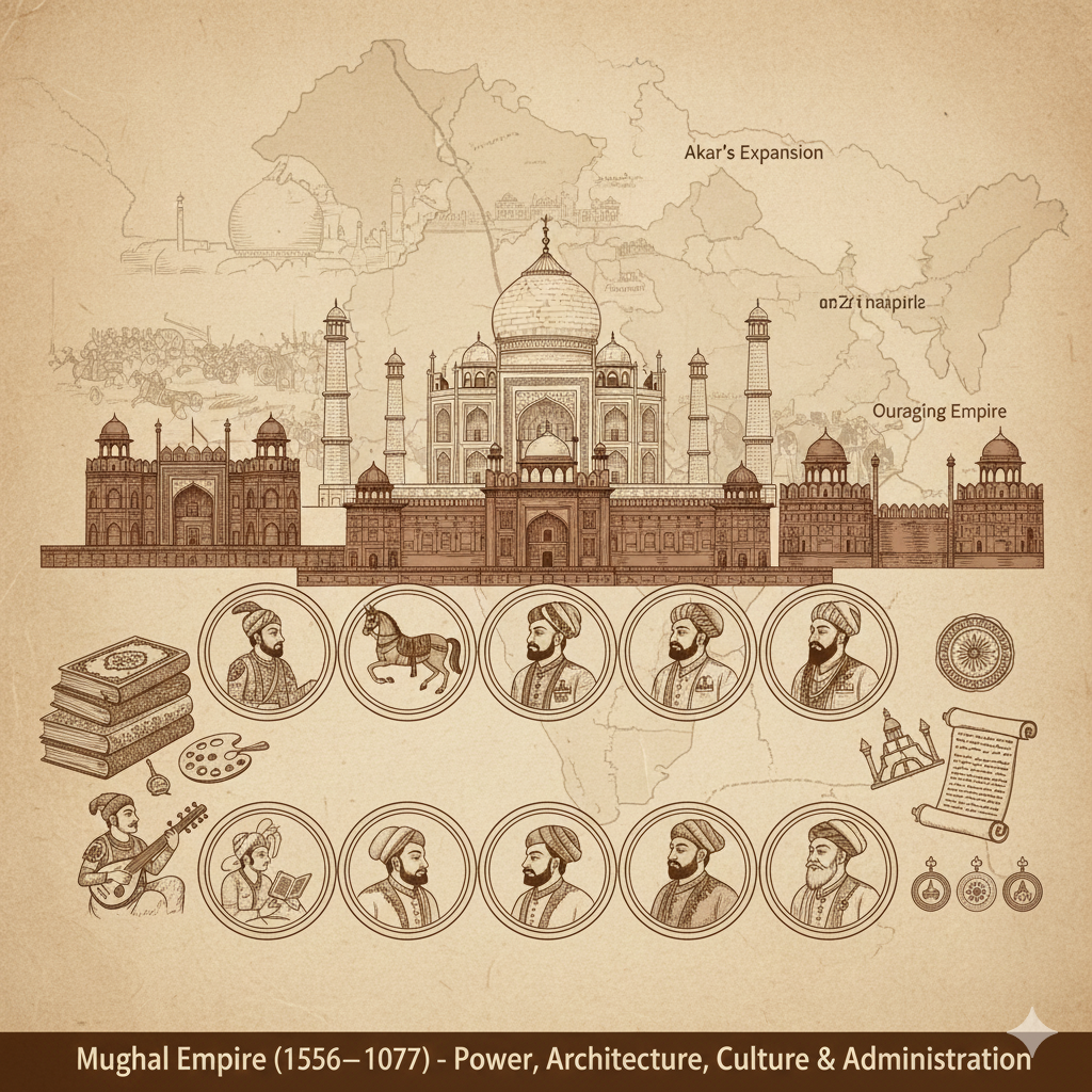 Mughal Empire (1526–1707) – Power, Architecture, Culture, and Administration.