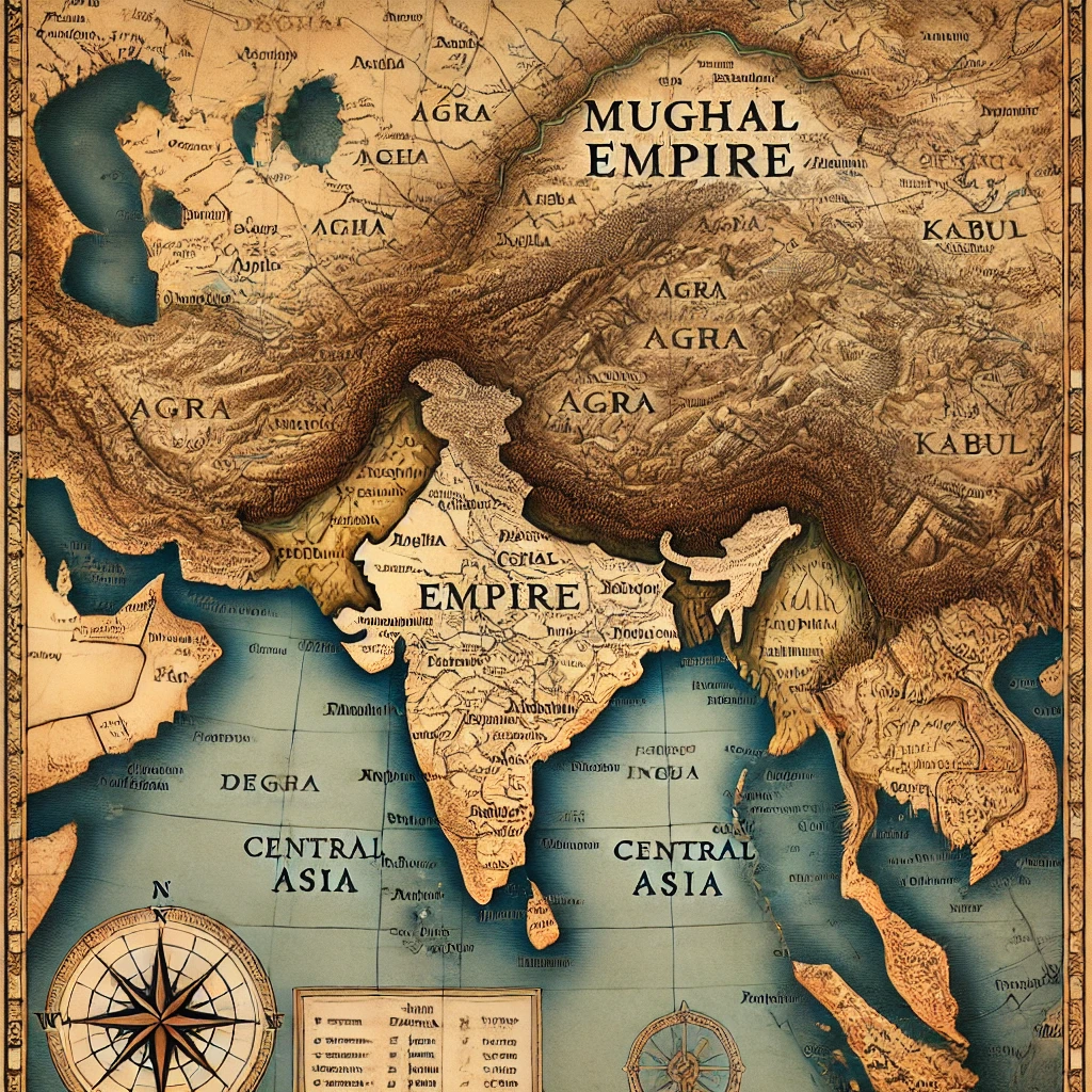 depicting the geographical extent of the Mughal Empire at its peak during the 17th century.