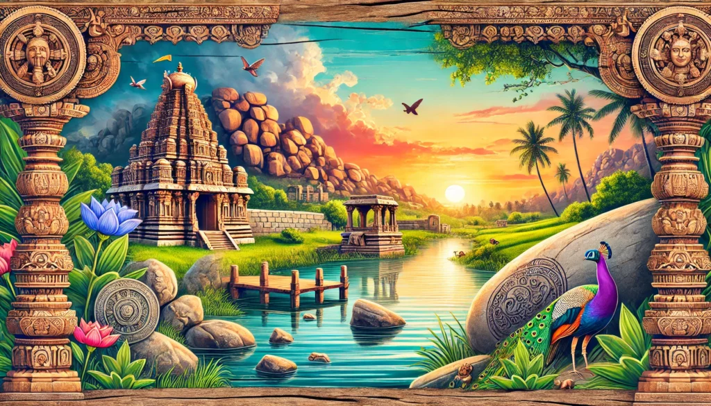 the Vijayanagara Empire highlighting the natural beauty of Hampi. The image features ancient temple ruins