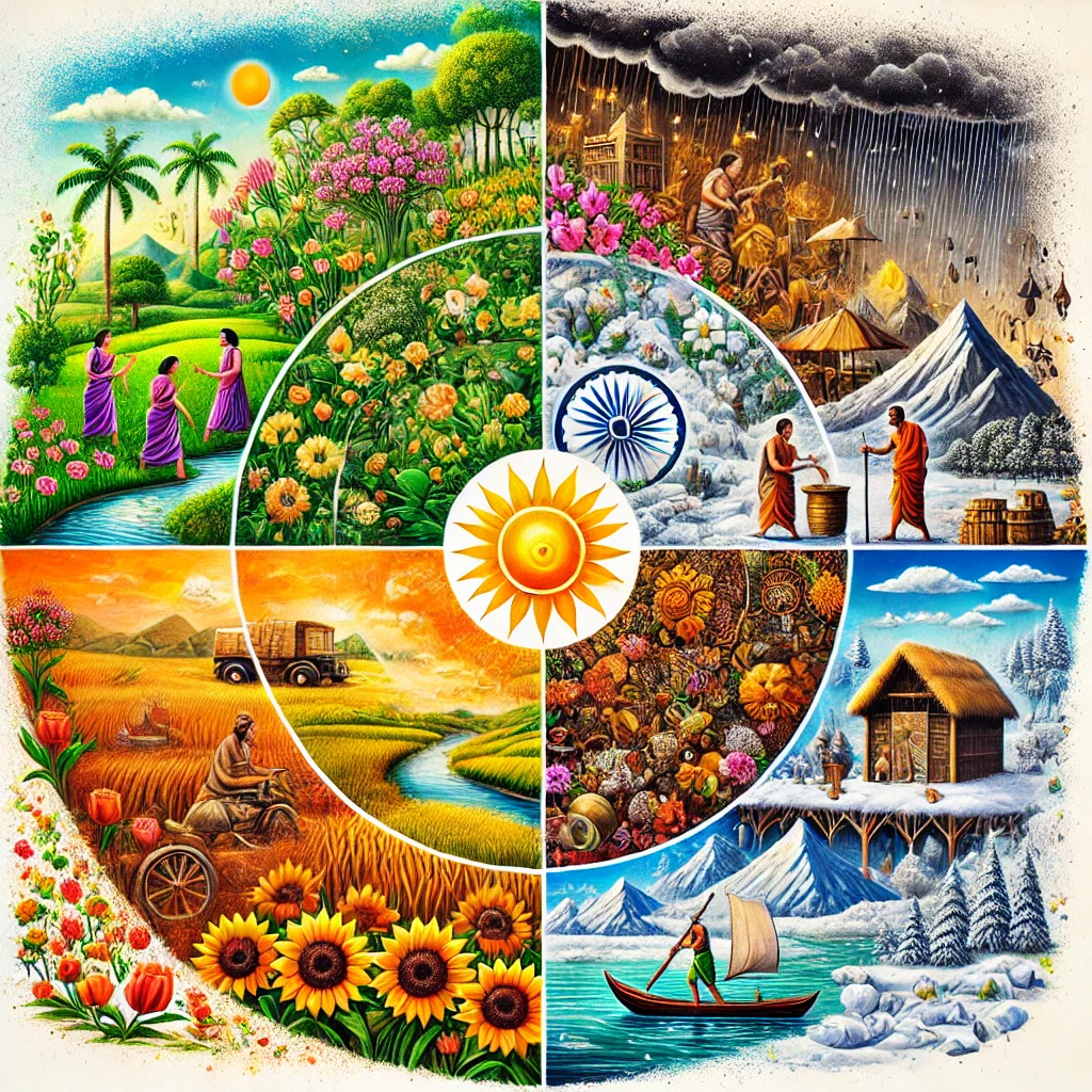 -four-major-seasons-in-India-arranged-in-a-circular-or-quadrant-layout.-Depict-spring-with-blooming-flowers
