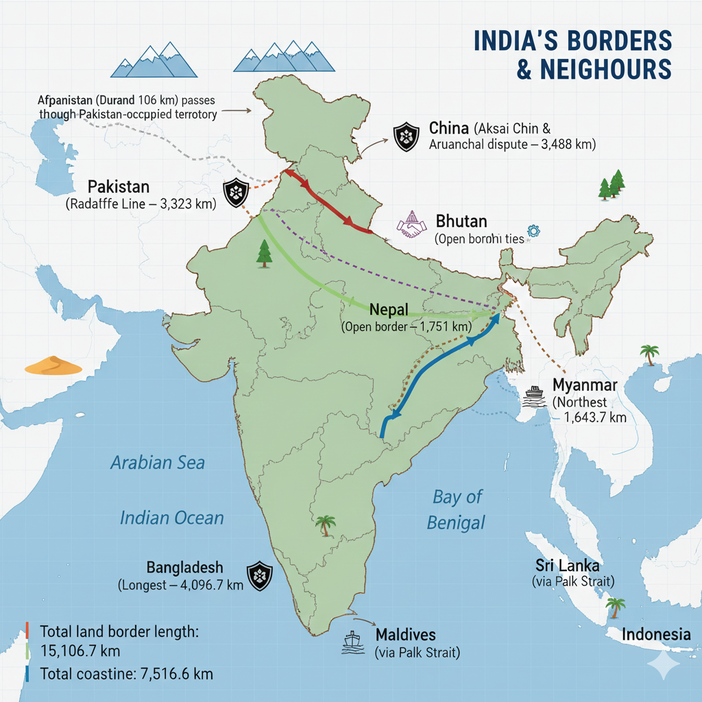 India's International Borders and Geographic Neighbors (Infographic)
