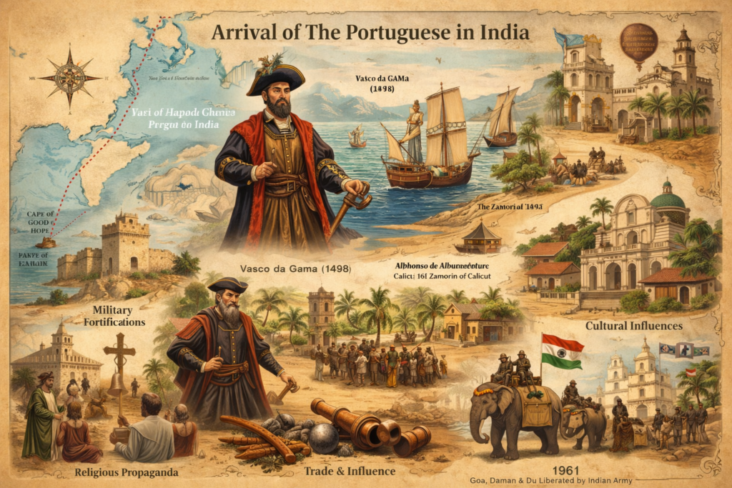 Vasco da Gama arriving in Calicut India in 1498 showing Portuguese ships trade routes and early colonial influence