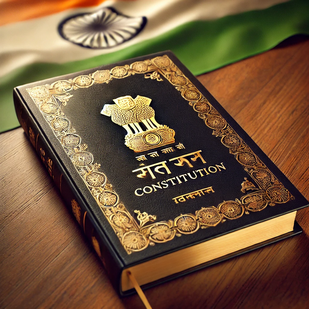 DALL·E 2025 02 15 09.03.44 A realistic image of the Indian Constitution book with a black cover and golden inscriptions. The title भारतीय संविधान should be written in Hindi on