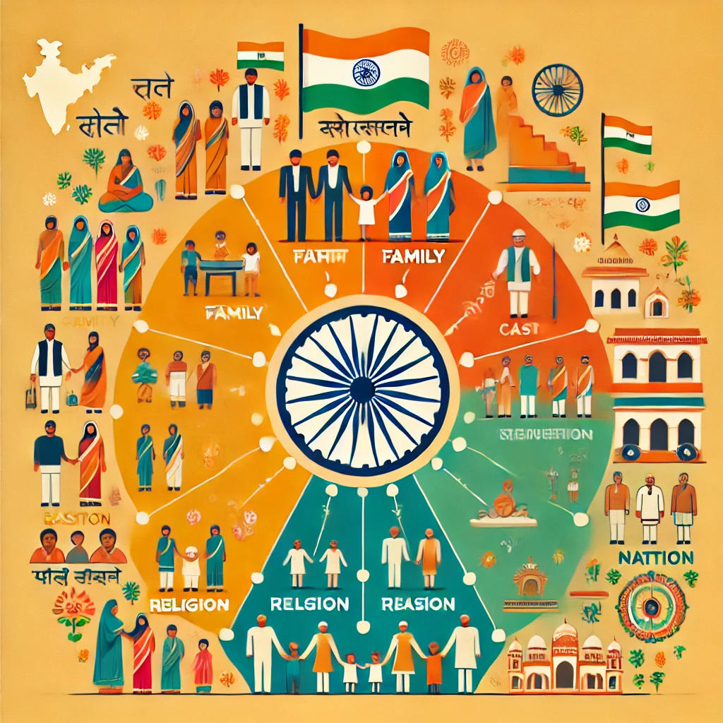 DALL·E 2025 02 15 09.12.15 An infographic depicting the social structure of India with text in Hindi. The image should show different levels of Indian society including परिवार