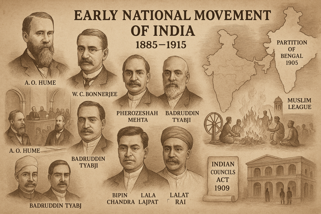 early national movement of india 1885 1915 historical illustration.