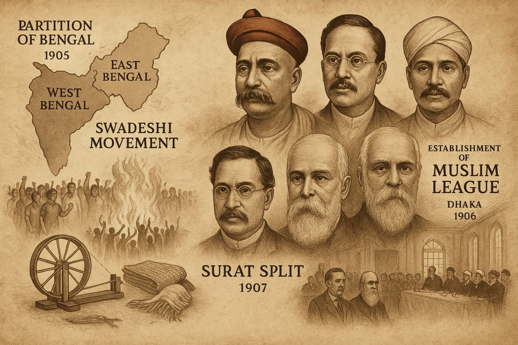 partition of bengal swadeshi movement extremist surat split muslim league 1905 1911