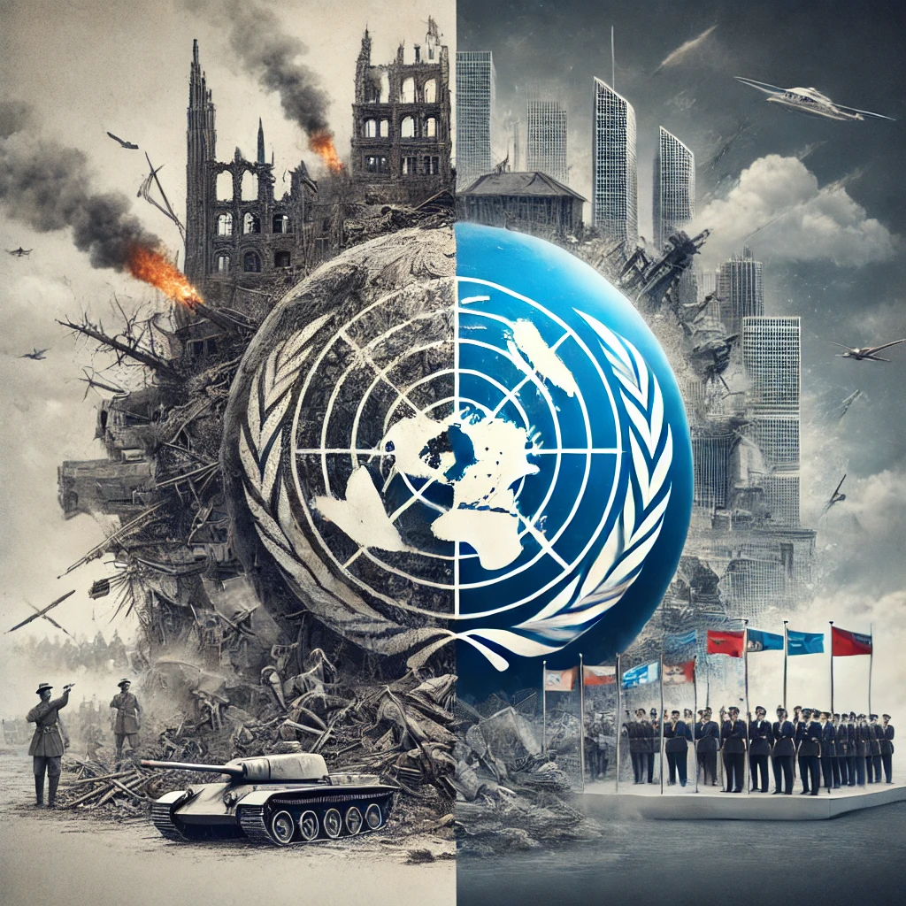 A conceptual illustration depicting the emergence of the modern world order after World War II 1939–1945.