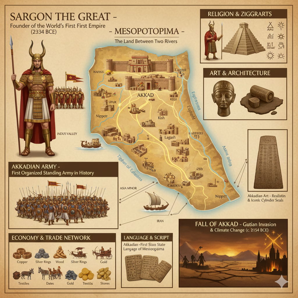 “Akkadian Civilization Geography, Power Structure & Cultural Identity – Illustrated Infographic Map