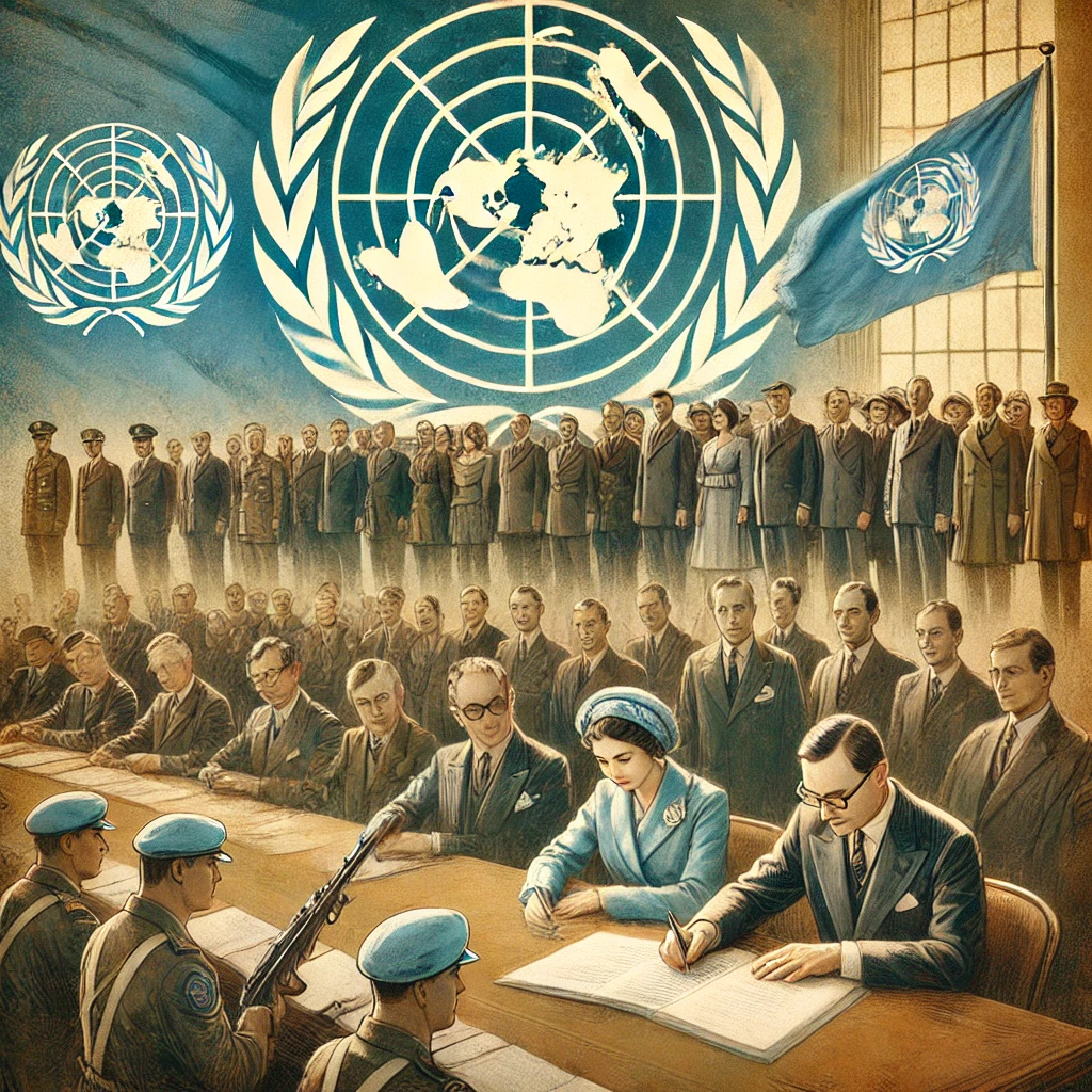 Establishment of the United Nations ( UN) 24 October 1945 This organization was created after the Second World War with the aim of promoting international peace , security and cooperation