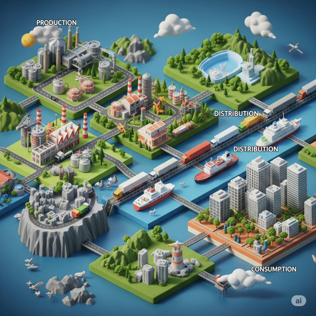Economic system of any society or country is the system through which resources are produced , distributed and consumed.