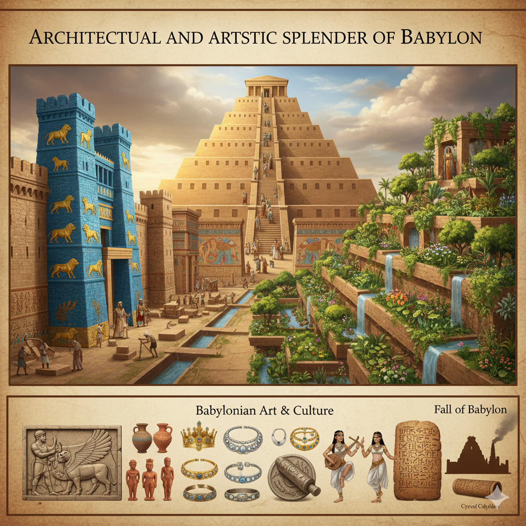 The Architectural and Artistic Splendor of Babylon – A Grand Composite Illustration