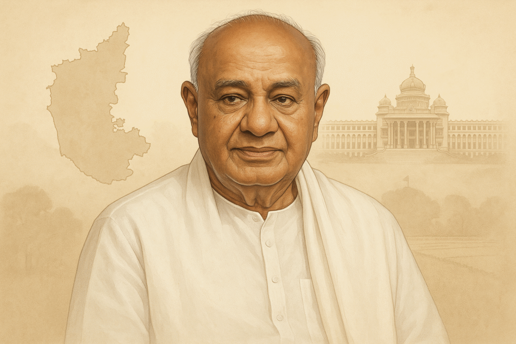 “A dignified portrait style illustration of H. D. Deve Gowda with a soft political backdrop.”