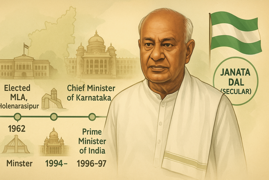 “A timeline style political illustration showing H. D. Deve Gowda's rise from MLA to Prime Minister.”