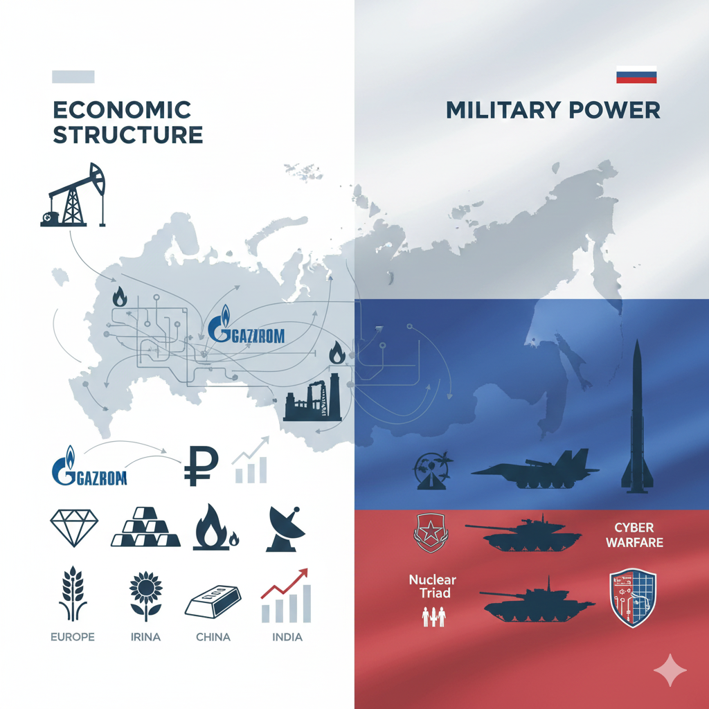 Russia Economic Structure and Military Power (Dual Infographic Collage