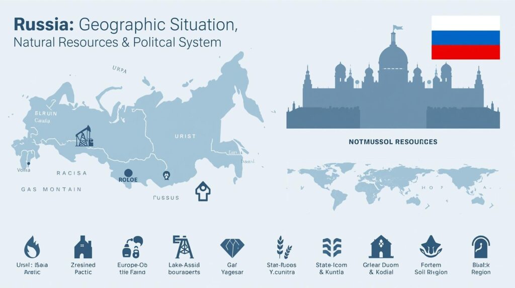 Russia Geographic Situation, Natural Resources, and Political System (Infographic Collage