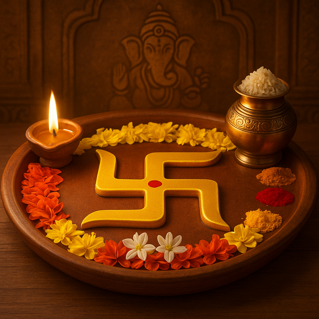 hindu swastika puja thali with flowers and diya