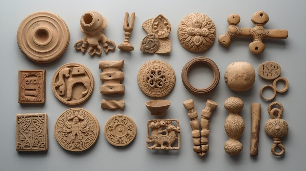 Pottery, seals, and toys found from Harappa, Mohenjodaro, Lothal, and Kalibangan