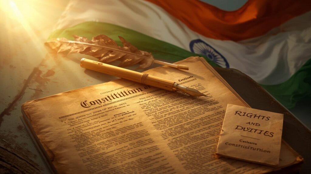 A copy of the Constitution of India is open in front of him, illuminated by golden light.