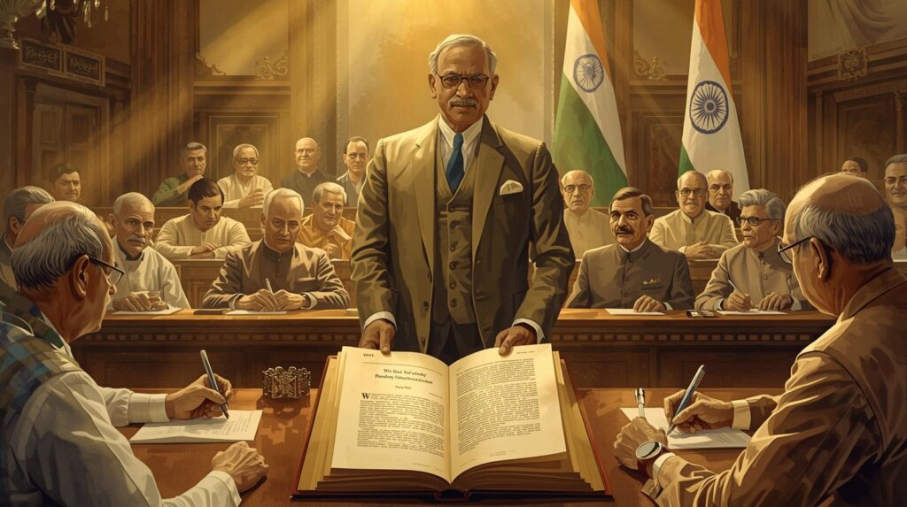 “A detailed historical illustration of the Indian Constituent Assembly in 1949,