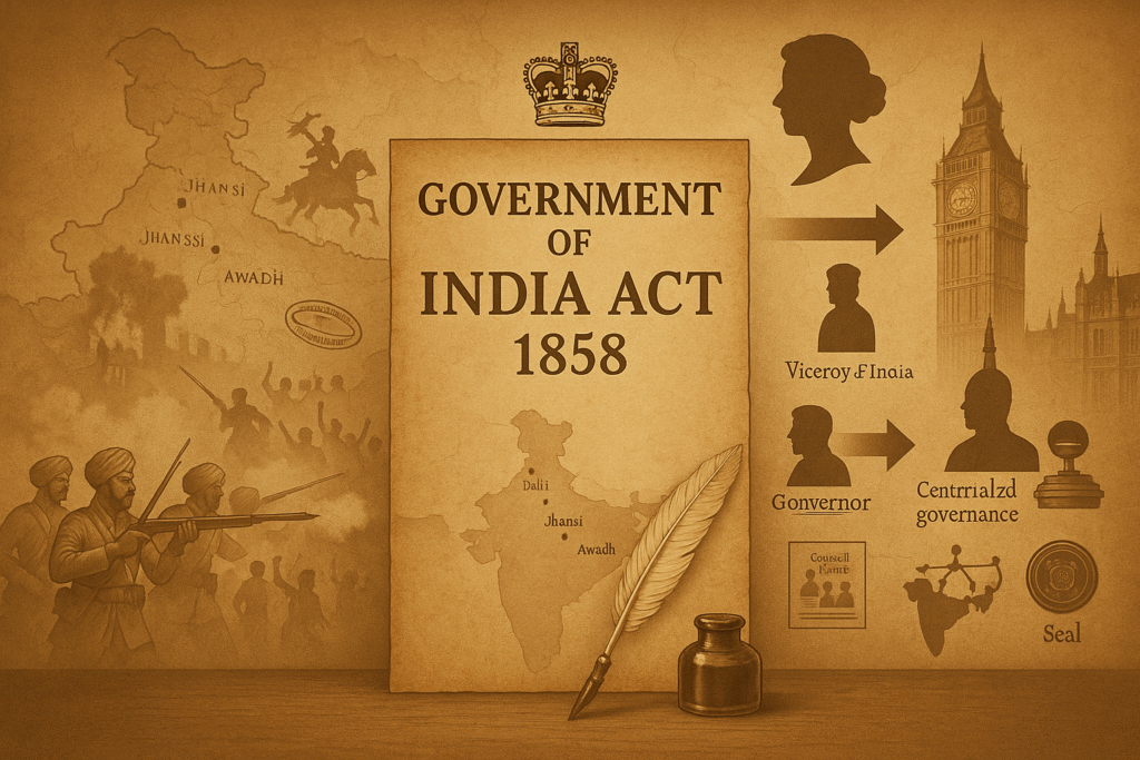 “Transfer of power from the East India Company to the British Crown after the Revolt of 1857.”