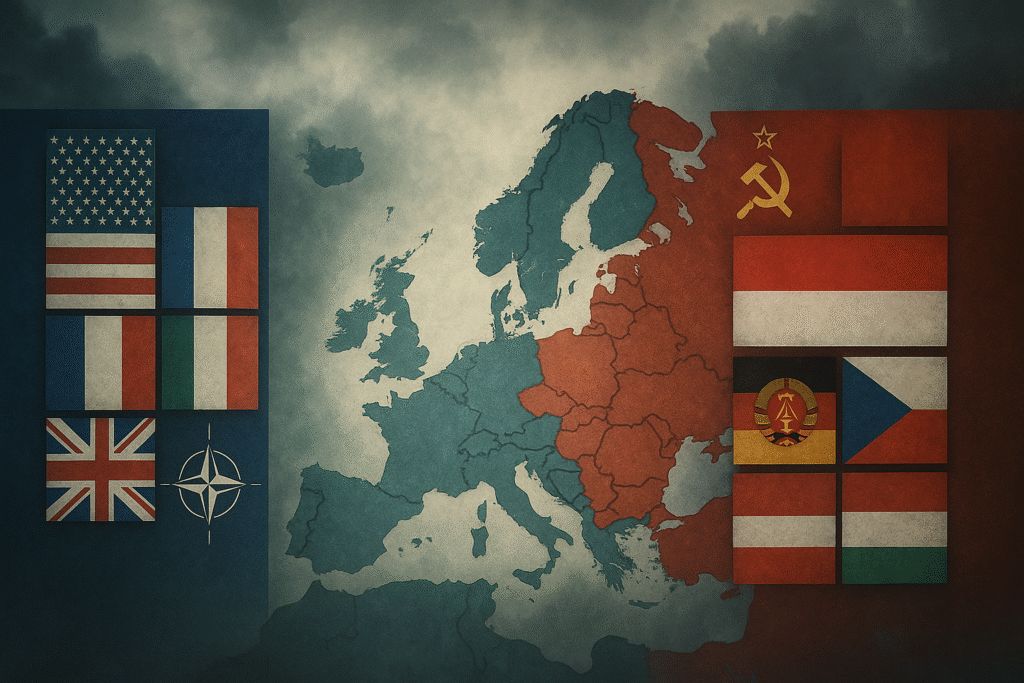 nato vs warsaw pact cold war map flags illustration