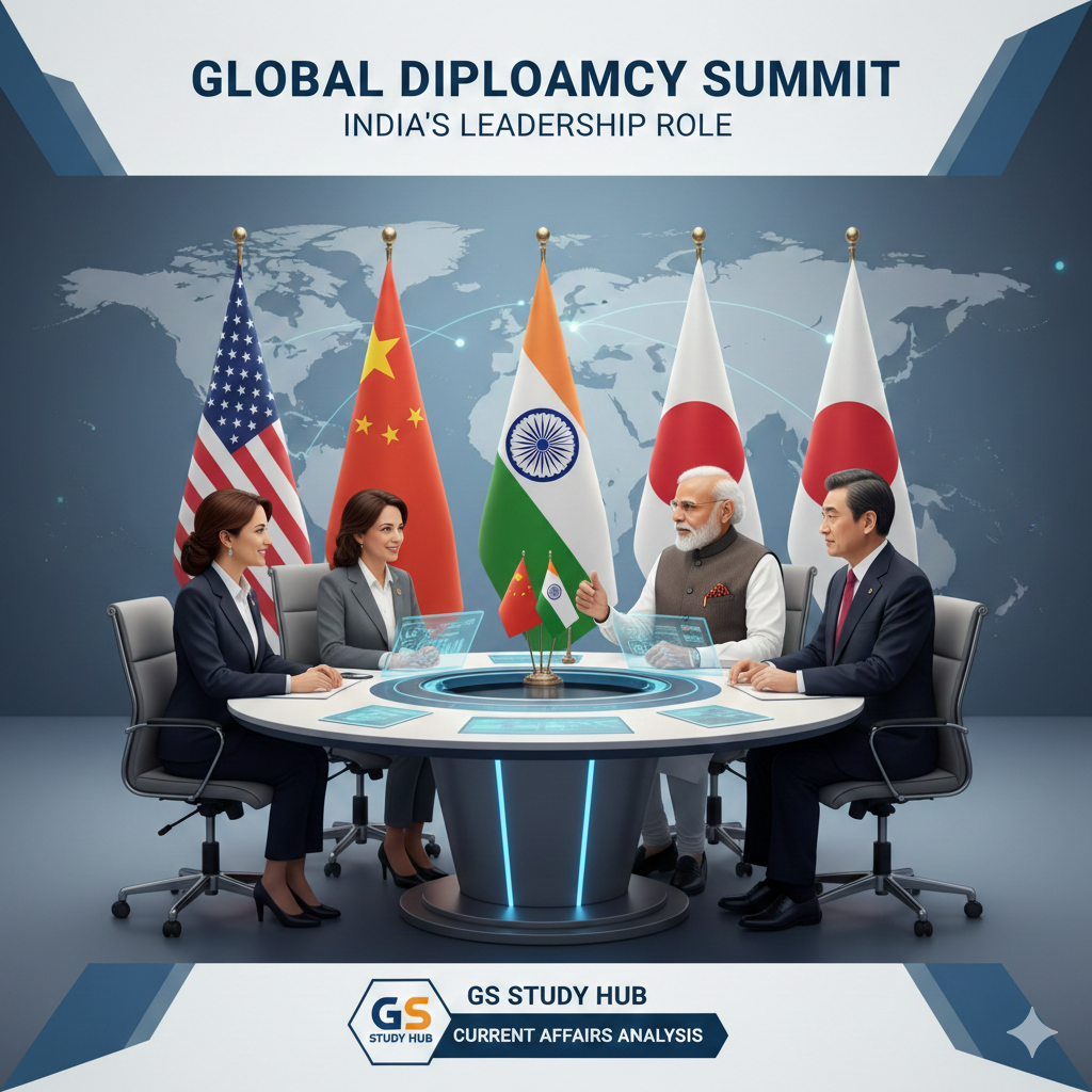 Diplomatic Meeting Indian Prime Minister focus mein hain aur anya world leaders ke saath ek modern round table par baithe hain.