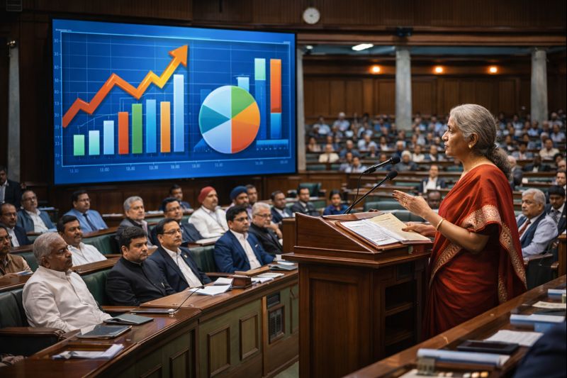 Union Budget 2026 Presentation in Indian Parliament Indian Finance Minister presenting Union Budget 2026 in Parliament with economic growth charts on digital screen
