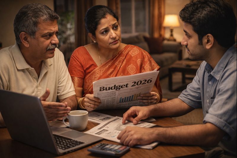 Indian Family Discussing Budget 2026 Financial Impact Indian middle class family discussing budget 2026 finances at home with laptop and newspaper