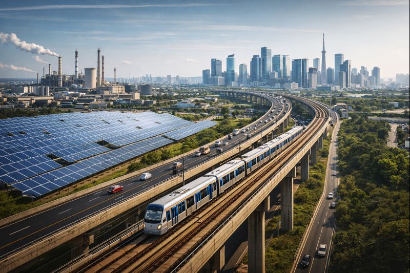 Modern Indian Infrastructure Development - Economic Growth from Budget 2026 Modern Indian infrastructure development with highways, metro, solar plants and smart cities depicting economic growth from Budget 2026