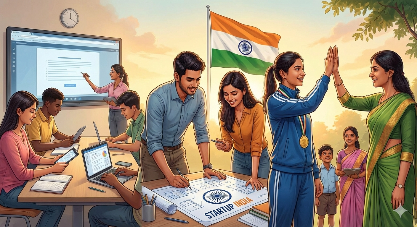 Shaping Tomorrow The Pulse of New India Shaping Tomorrow The Pulse of New India showing youth, startups, women empowerment and national pride