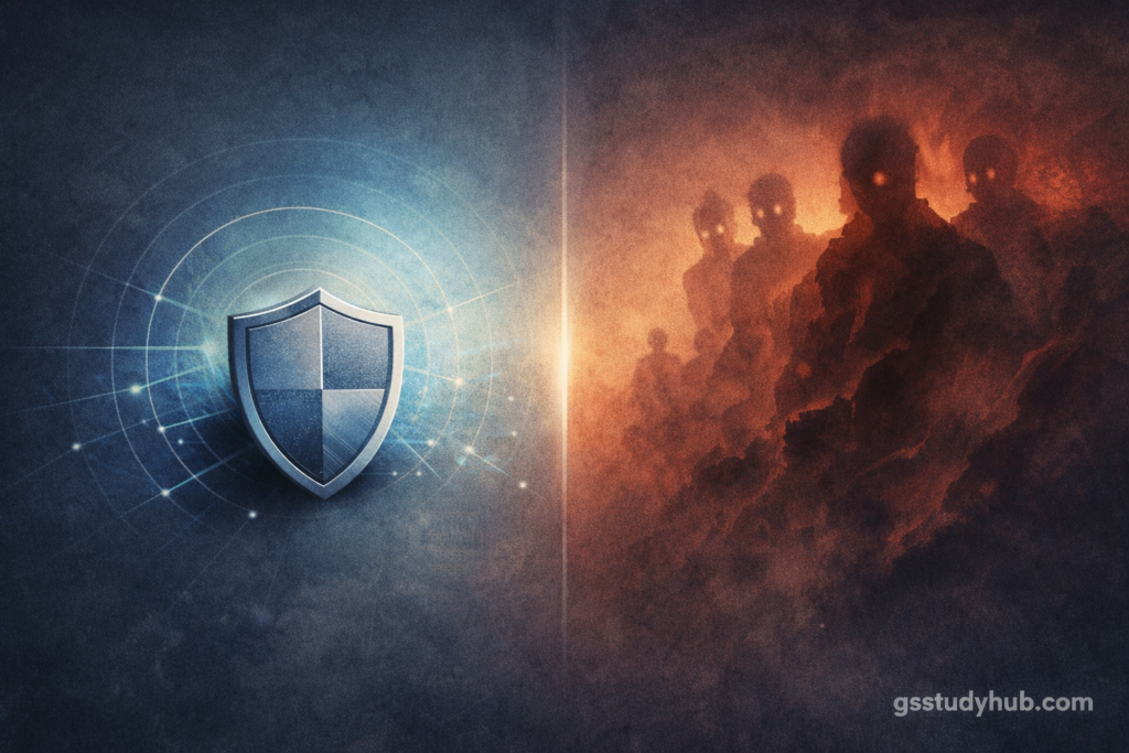 Editorial illustration representing NATO deterrence and the security dilemma, using abstract shield and shadow imagery to symbolize collective defense and fear management in modern geopolitics