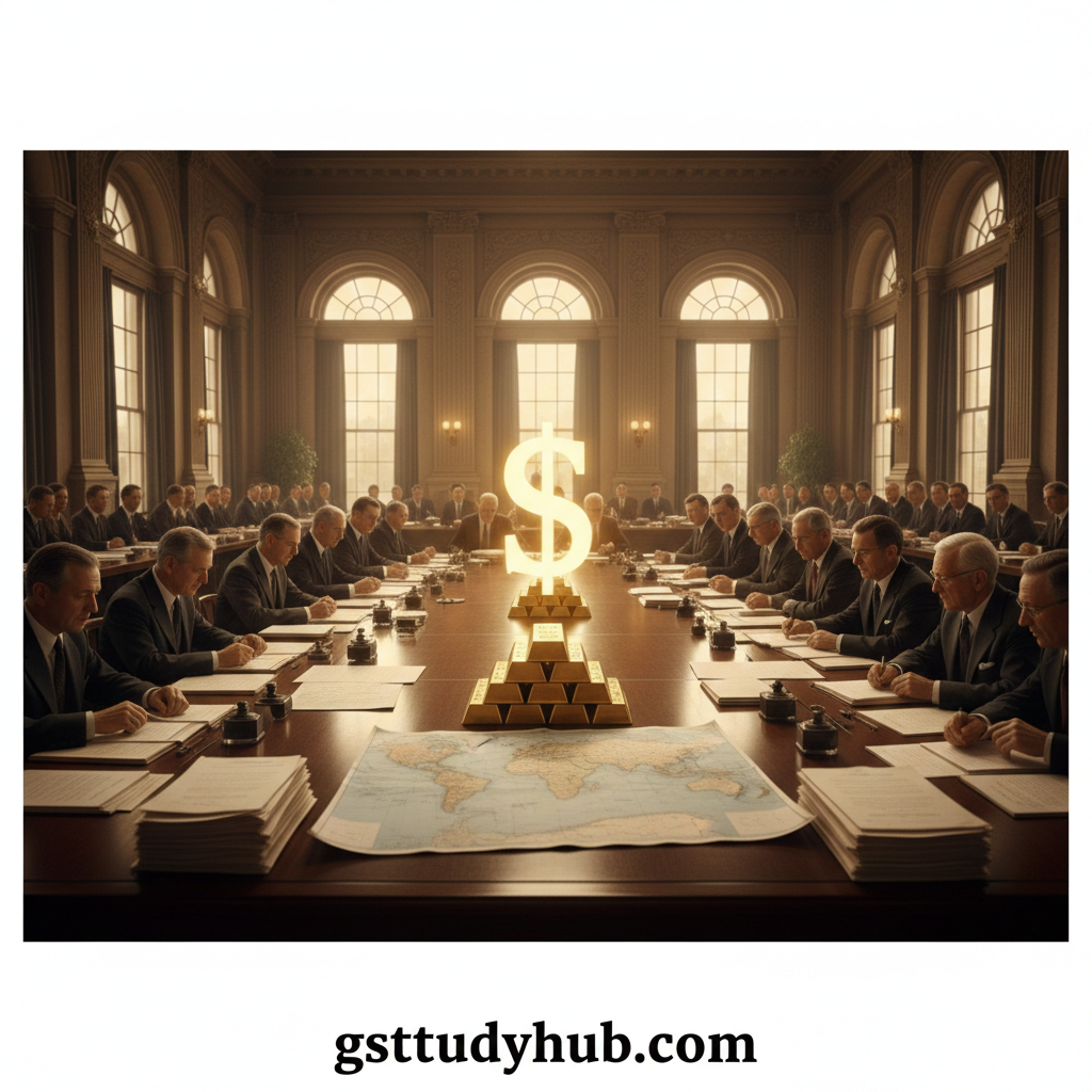 Historical depiction of the Bretton Woods Conference 1944 showing global delegates, gold reserves, and the emergence of the US dollar as world reserve currency.