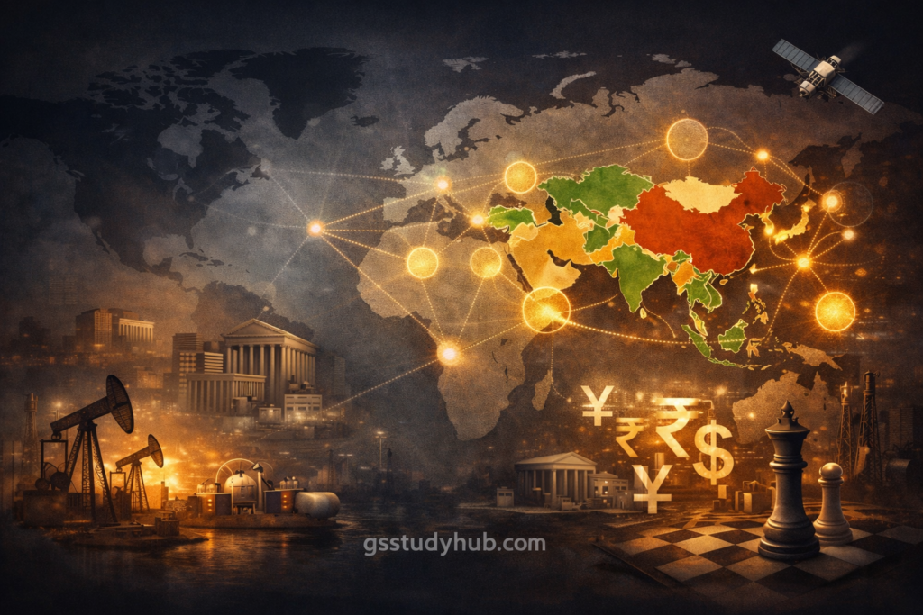 BRICS expansion and the changing world order illustrated through a global map showing economic networks, energy resources, and multipolar power shifts