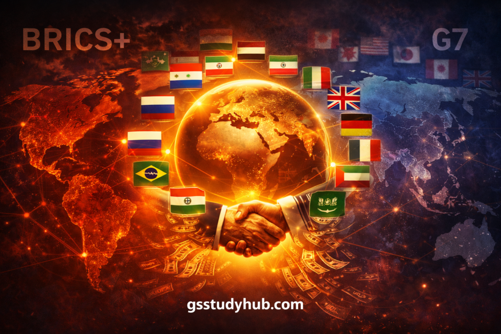 Infographic style image showing BRICS+ nations rising against G7 with glowing world map and global power shift theme.