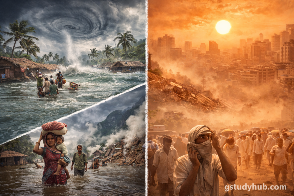 Collage showing climate disasters in South Asia including a flooded village, coastal cyclone, city heatwave, and Himalayan landslide.