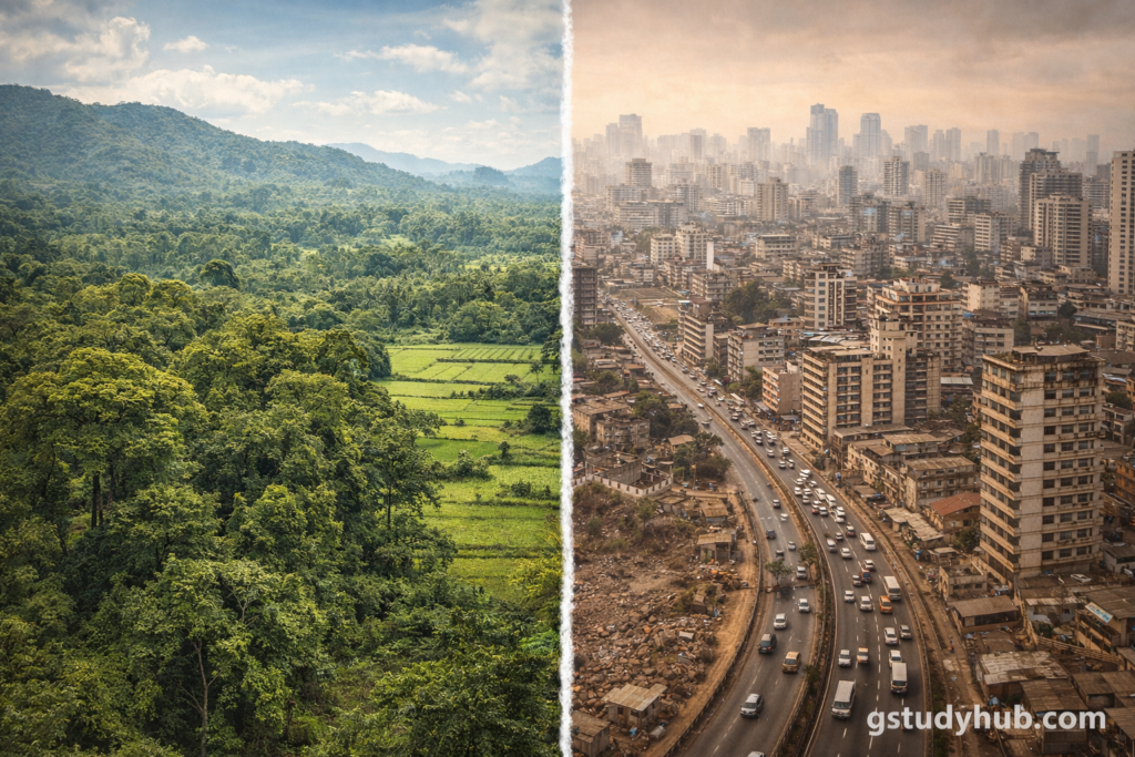 Split image showing a lush green forest on one side and a crowded concrete city on the other, representing deforestation and urban expansion in South Asia.