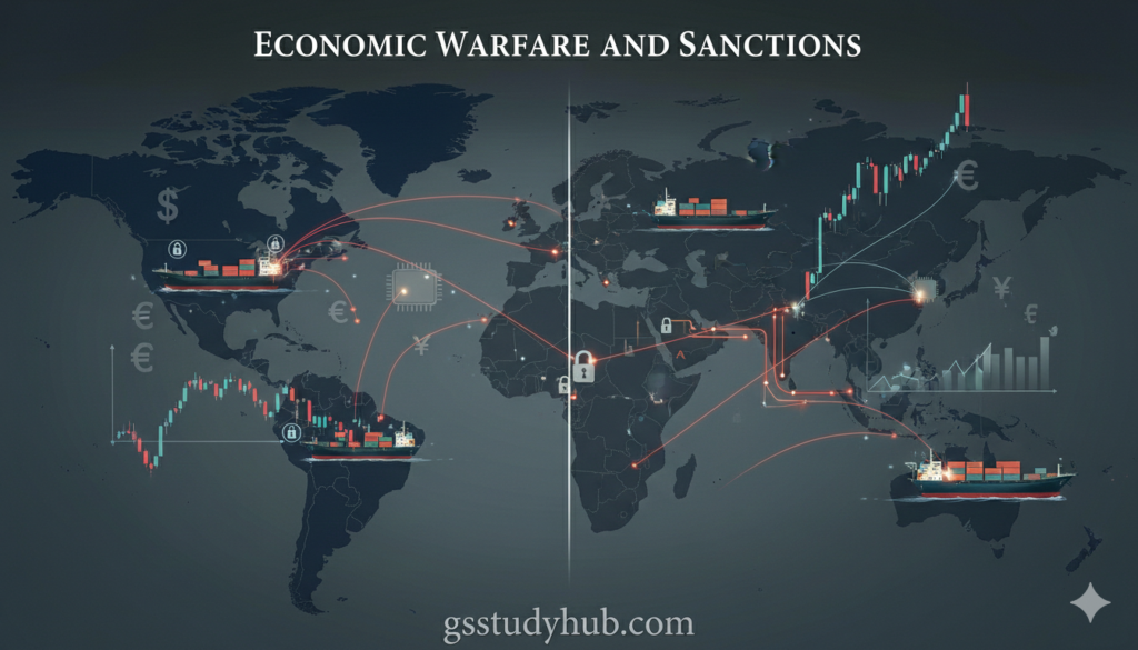 Economic sanctions, trade controls, and technological containment as silent tools of geopolitical influence.