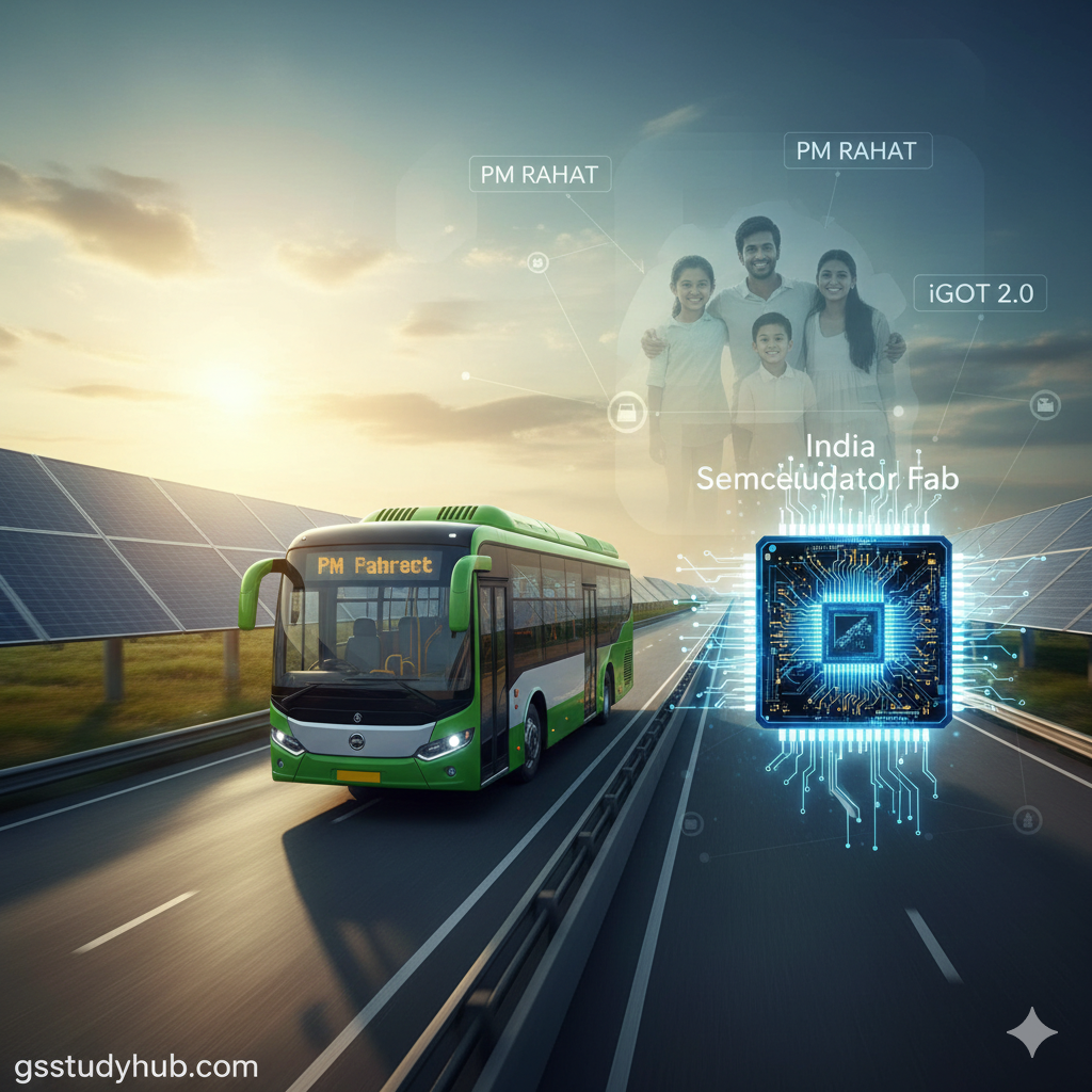Economic progress showing hydrogen bus, semiconductor chip plant and social welfare digital initiatives in India 2026