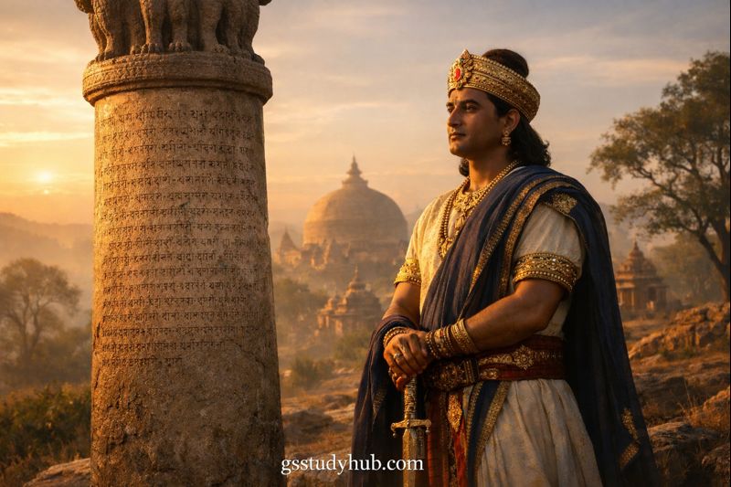 Emperor Ashoka’s edicts and pillars reflecting the philosophy of Dhamma and ethical governance