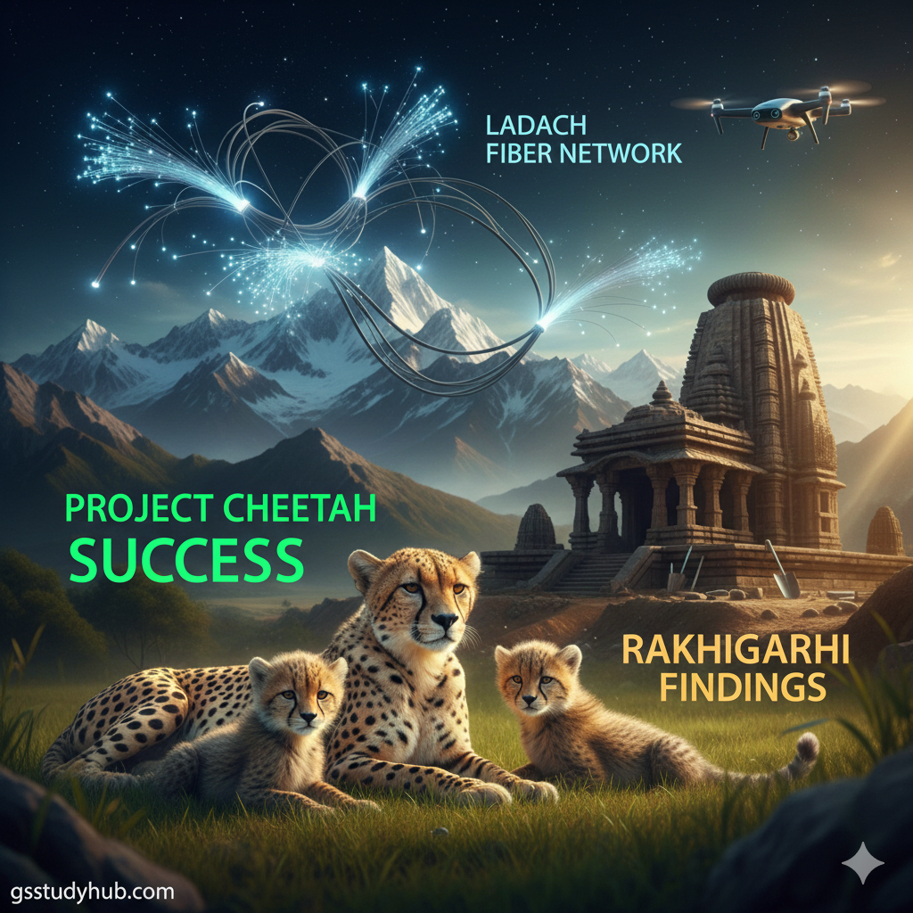 Environment and Science update showing Project Cheetah success, Ladakh fiber network expansion and archaeological discoveries