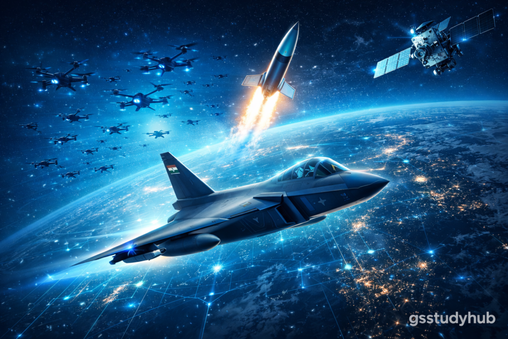 Futuristic Indian stealth fighter jet, drone swarm, hypersonic missile, and military satellite over Earth