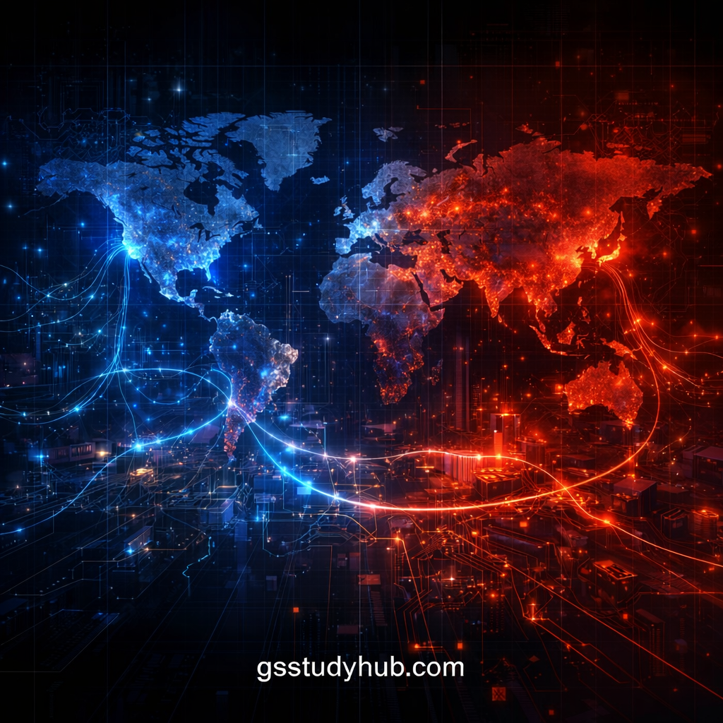 Global economic power shift driven by AI and US-China technology rivalry with digital trade blocs