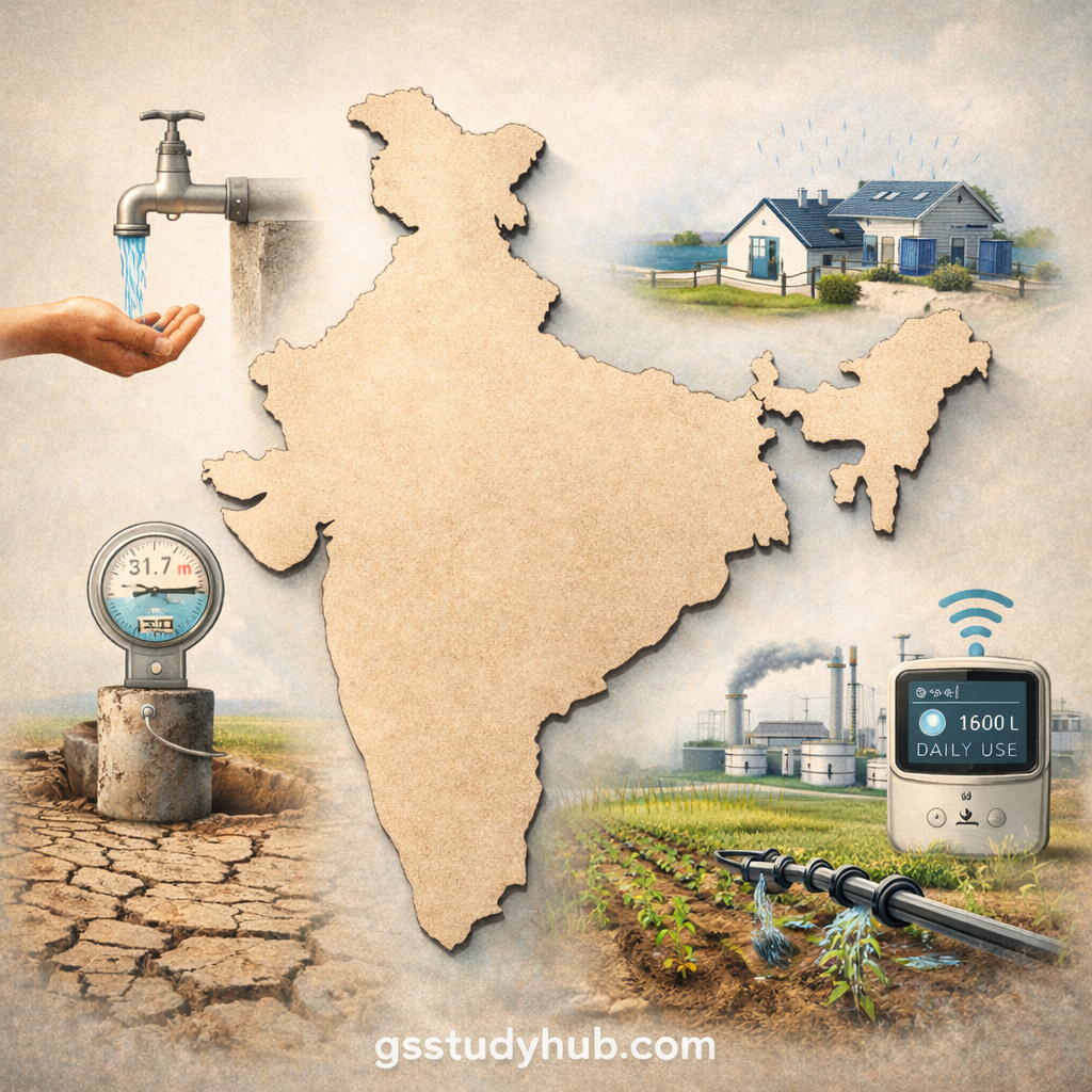 Infographic showing government policies and sustainable solutions to address water scarcity in India including tap water access, rainwater harvesting, drip irrigation and smart water monitoring